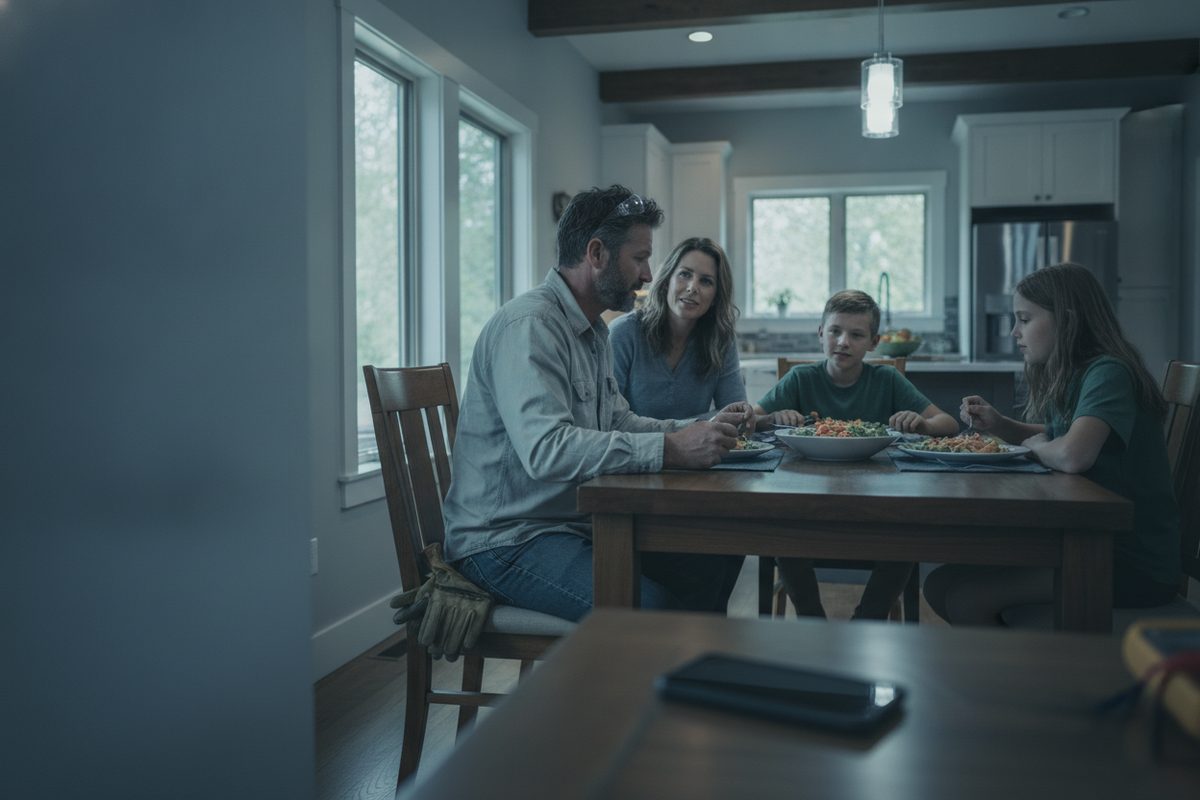 Contractor at family dinner with a phone face down and buzzing