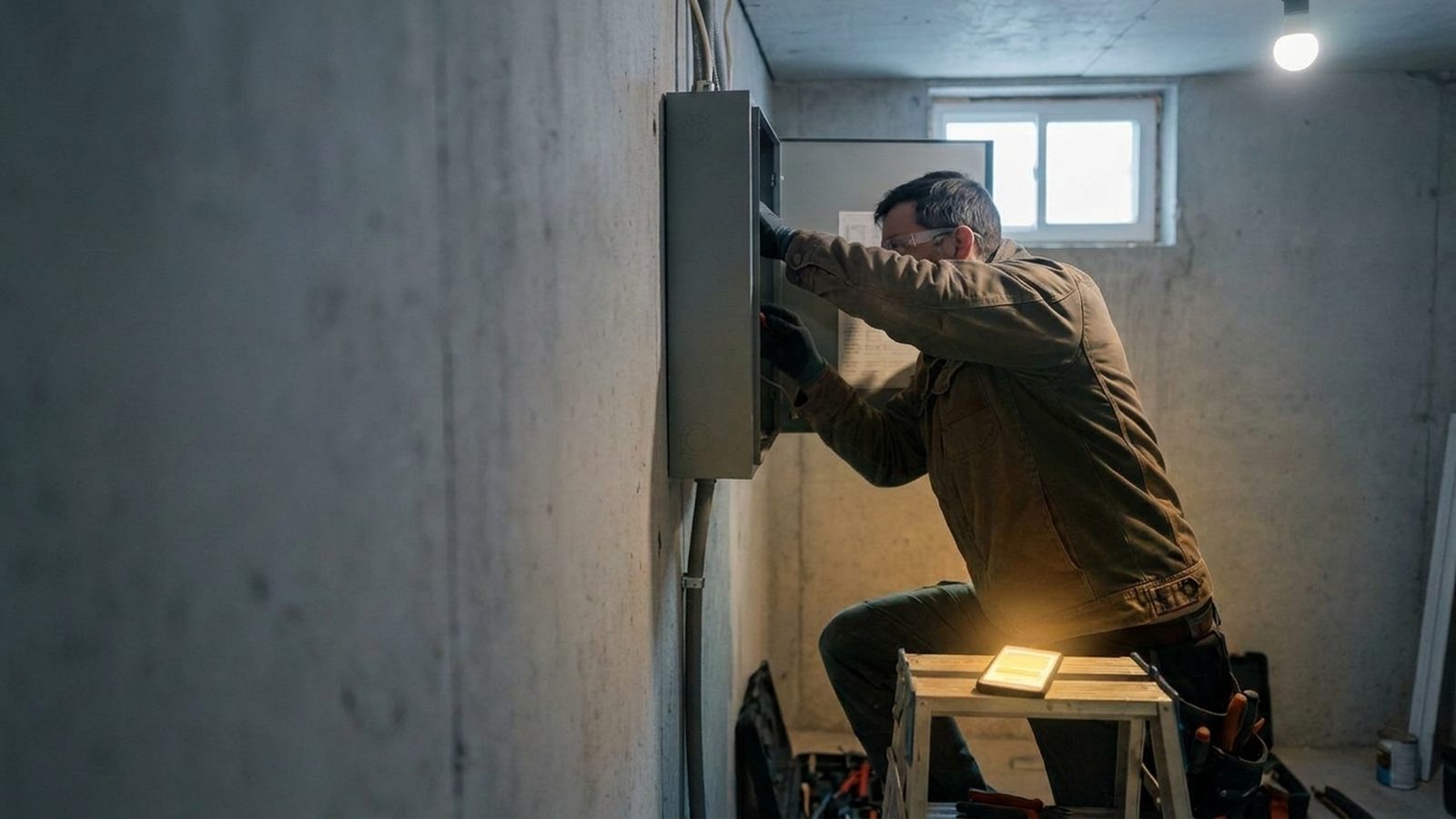 Electrician continuing panel work while the phone on the ladder shelf receives a text reply