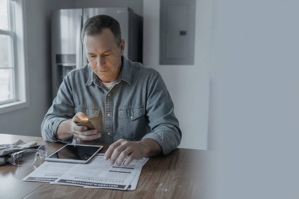 Homeowner at the same kitchen table reading a text reply and setting the phone down